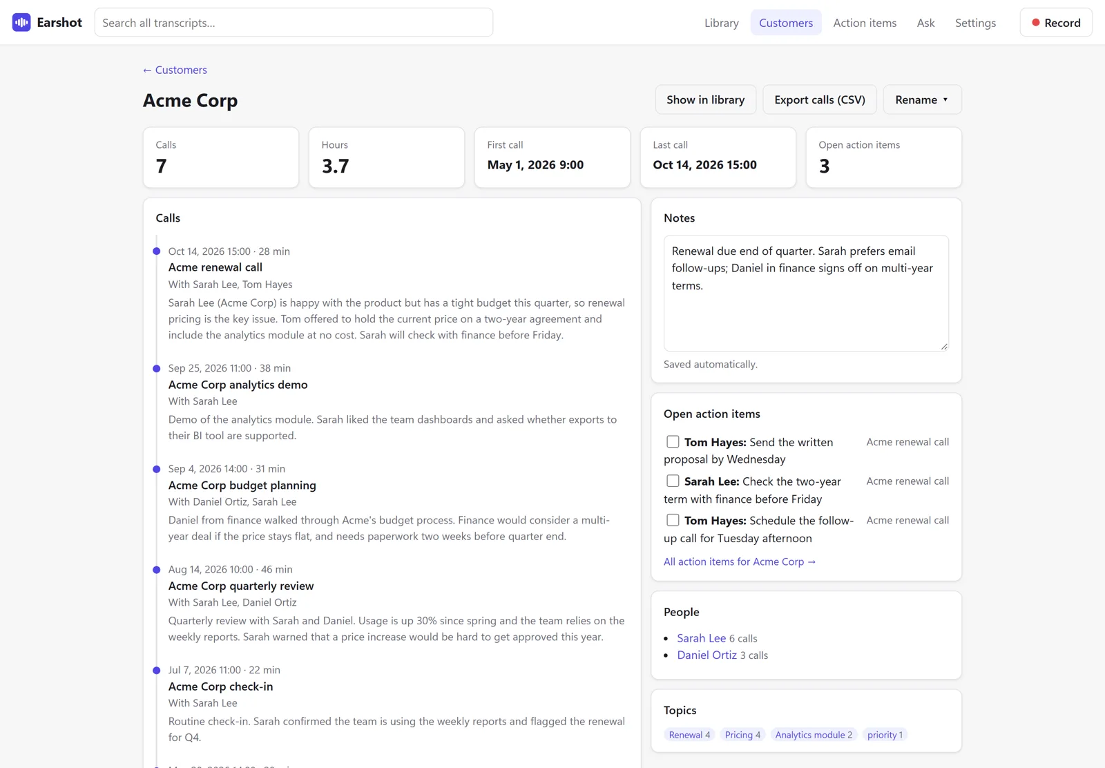 Earshot customer page screen with demo data