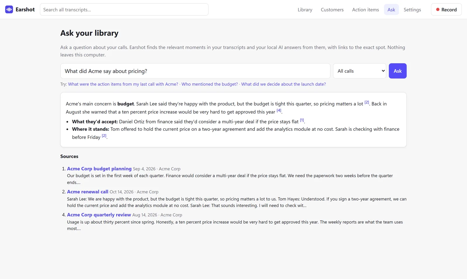 Earshot ask your library screen with demo data