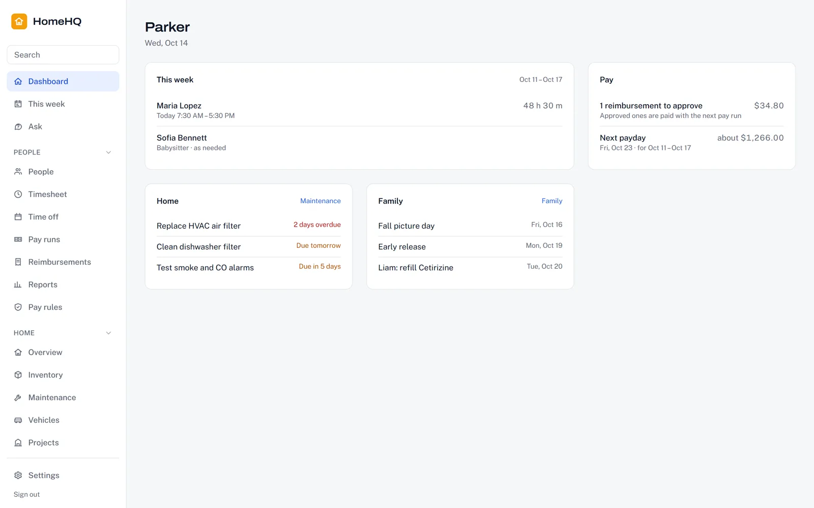HomeHQ dashboard screen with demo data