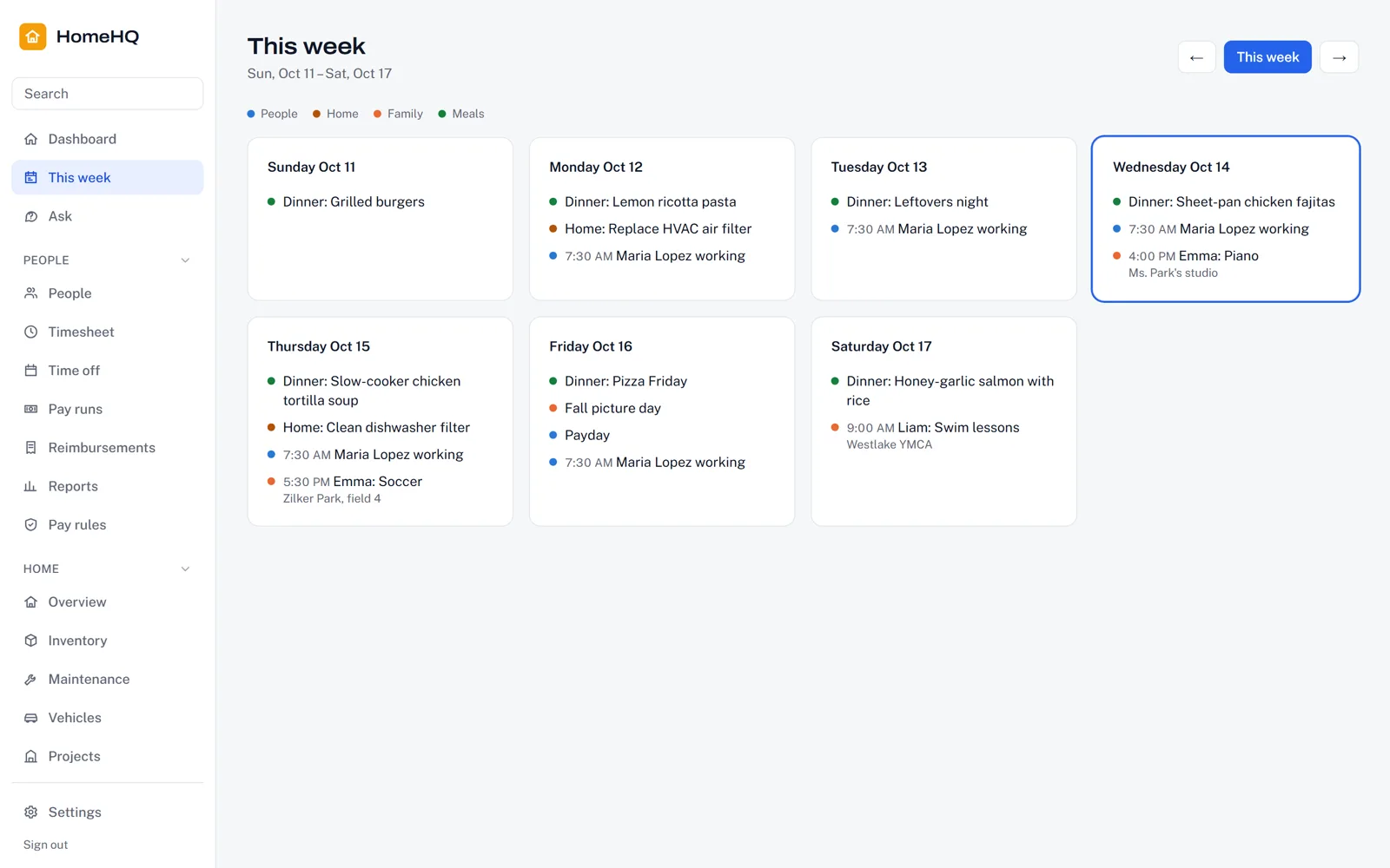 HomeHQ this week screen with demo data