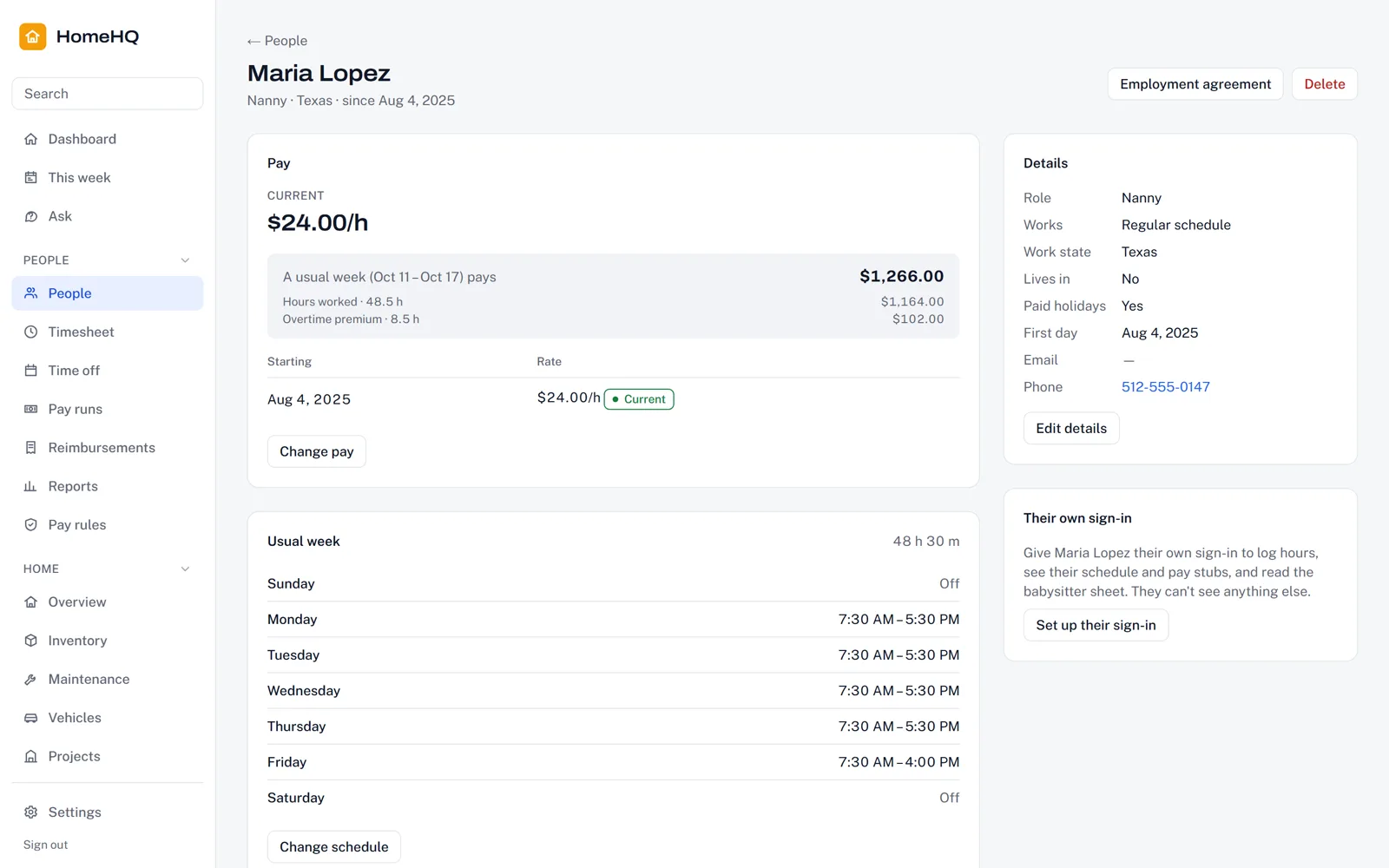 HomeHQ nanny pay screen with demo data