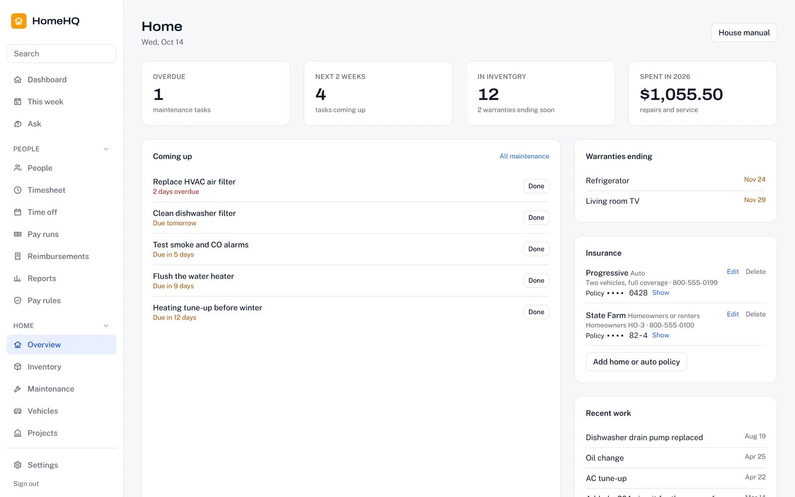HomeHQ home overview screen with demo data