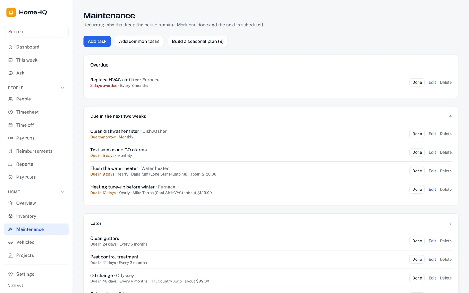 HomeHQ maintenance screen with demo data