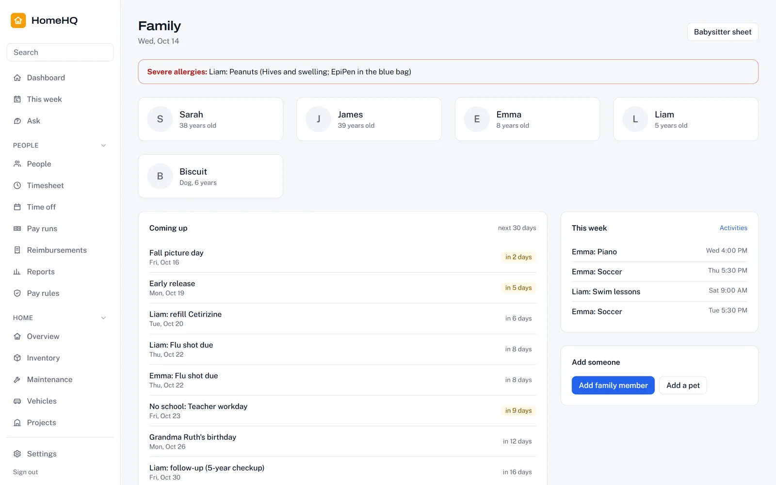 HomeHQ family screen with demo data