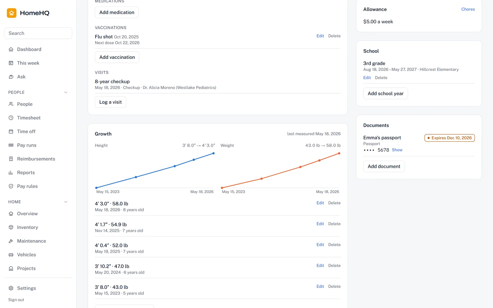 HomeHQ child growth screen with demo data
