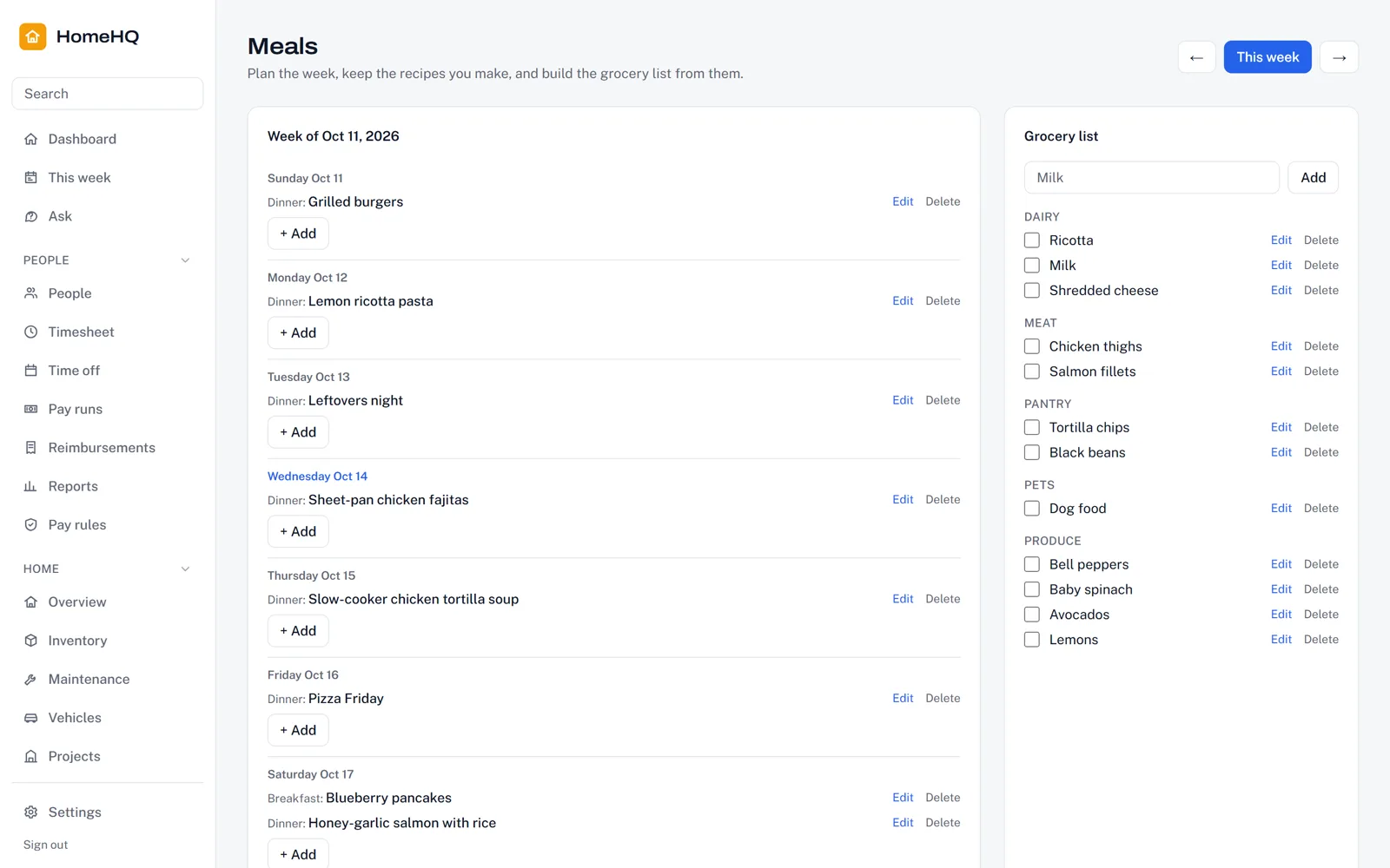 HomeHQ meal plan screen with demo data