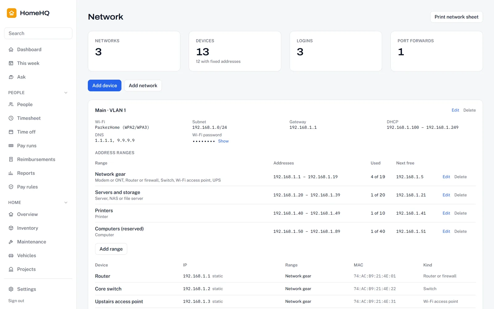 HomeHQ home network screen with demo data