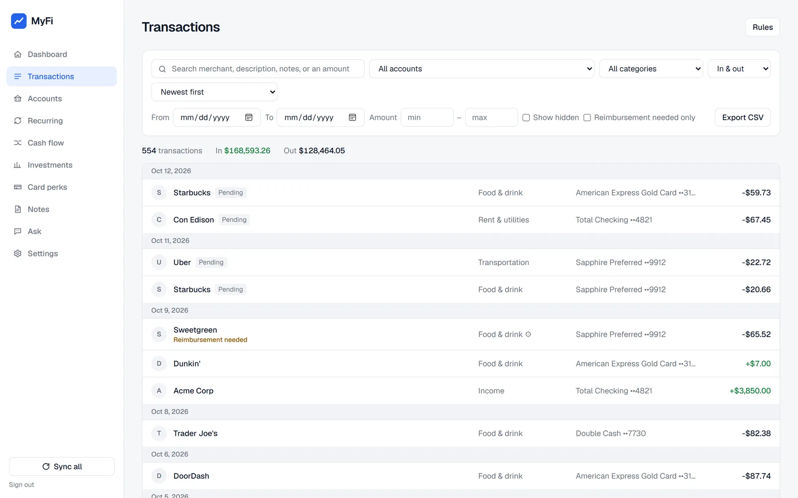 MyFi transactions screen with demo data