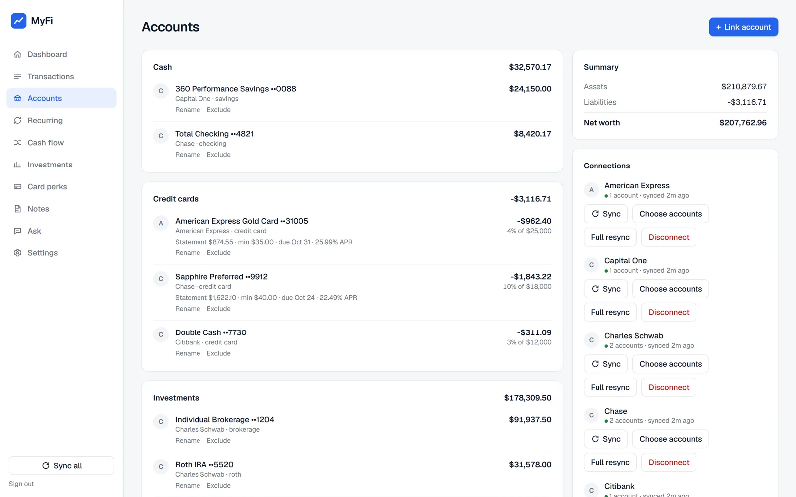 MyFi accounts screen with demo data