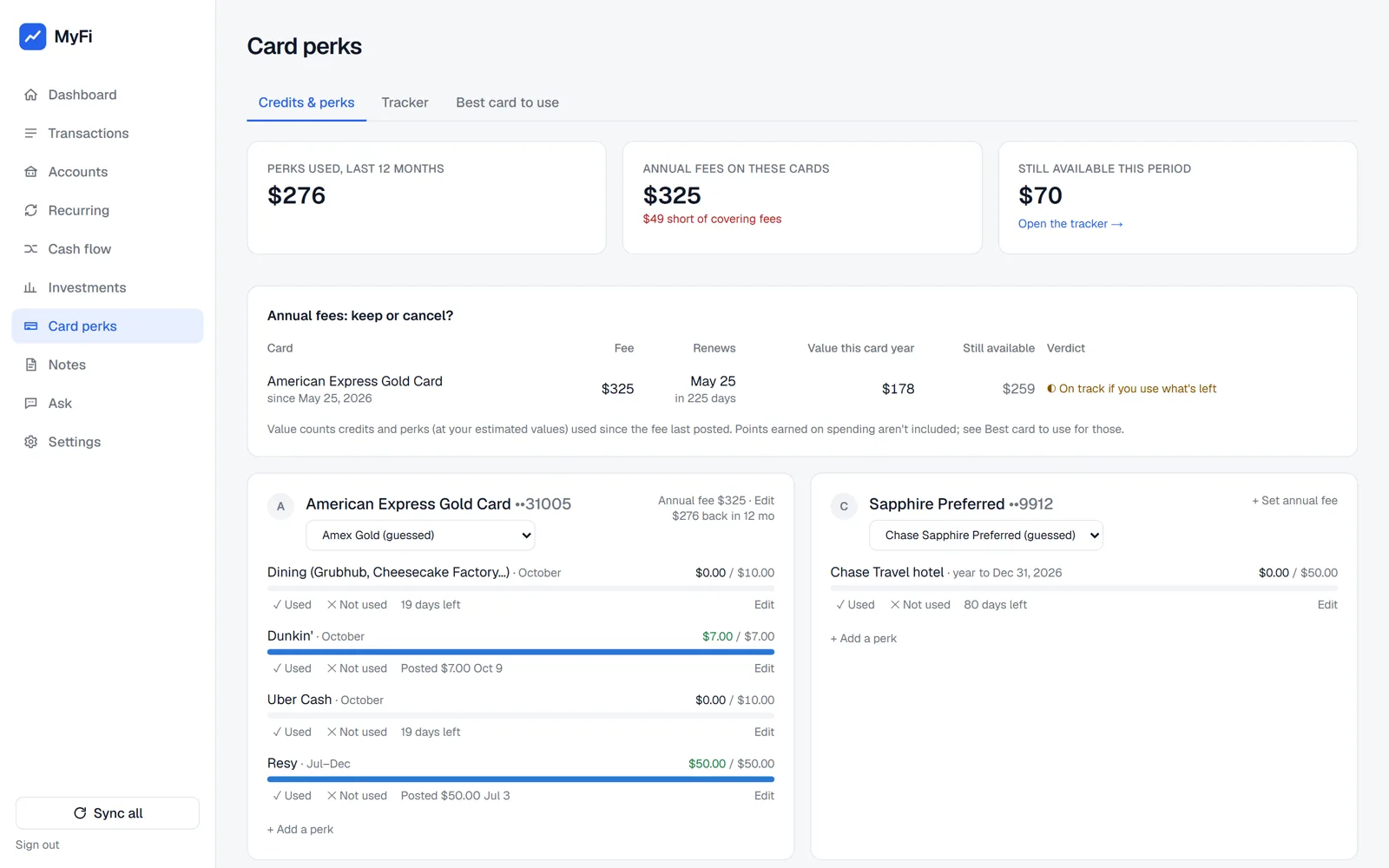 MyFi card perks screen with demo data