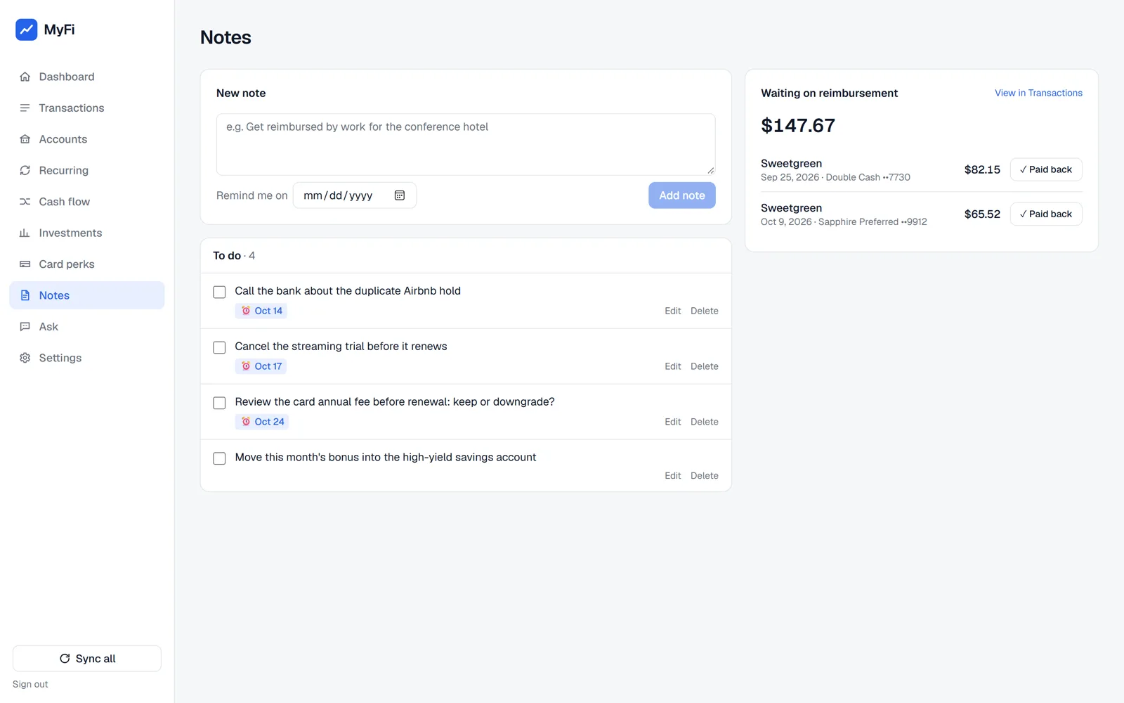 MyFi notes and reimbursements screen with demo data