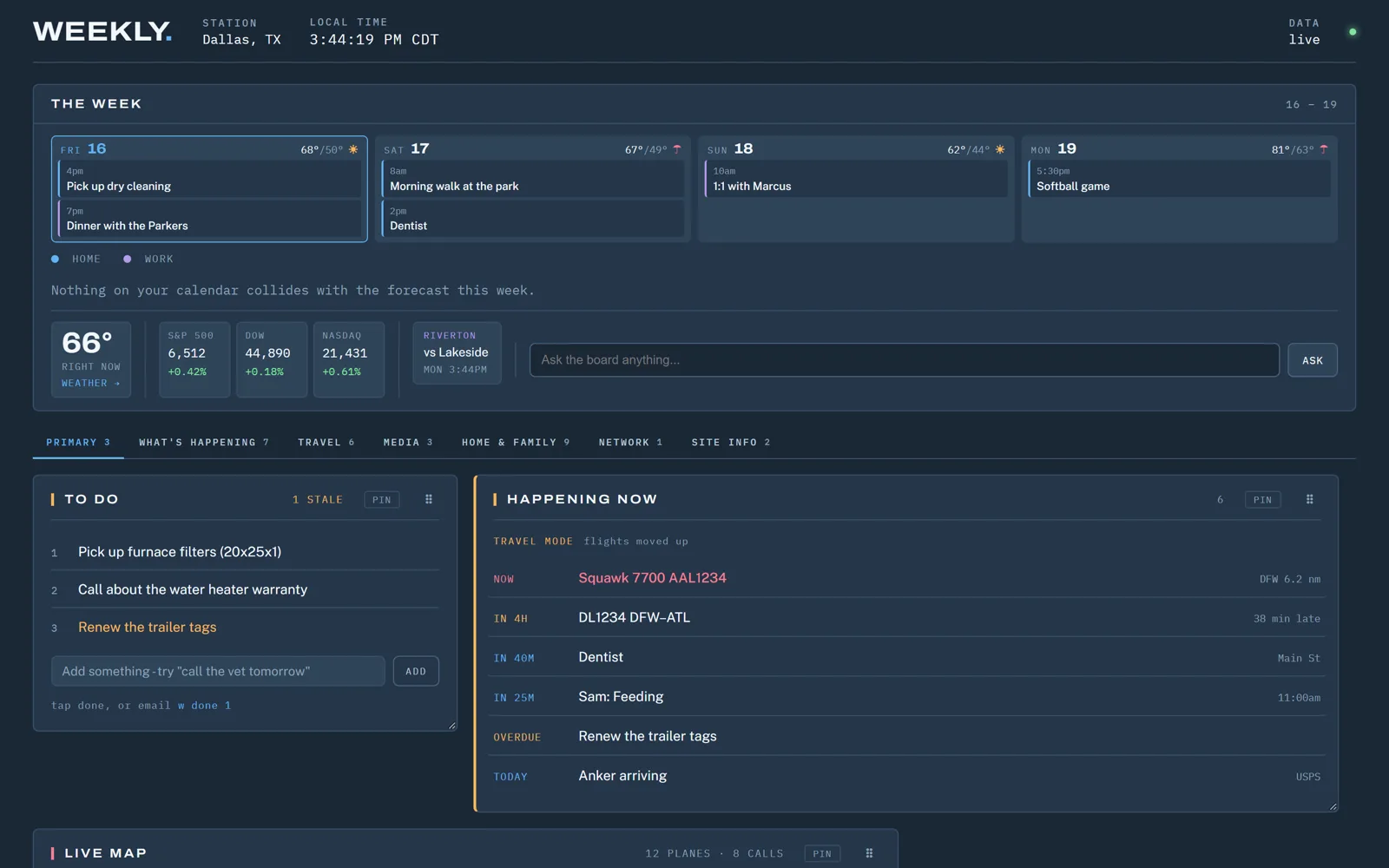Weekly primary tab screen with demo data