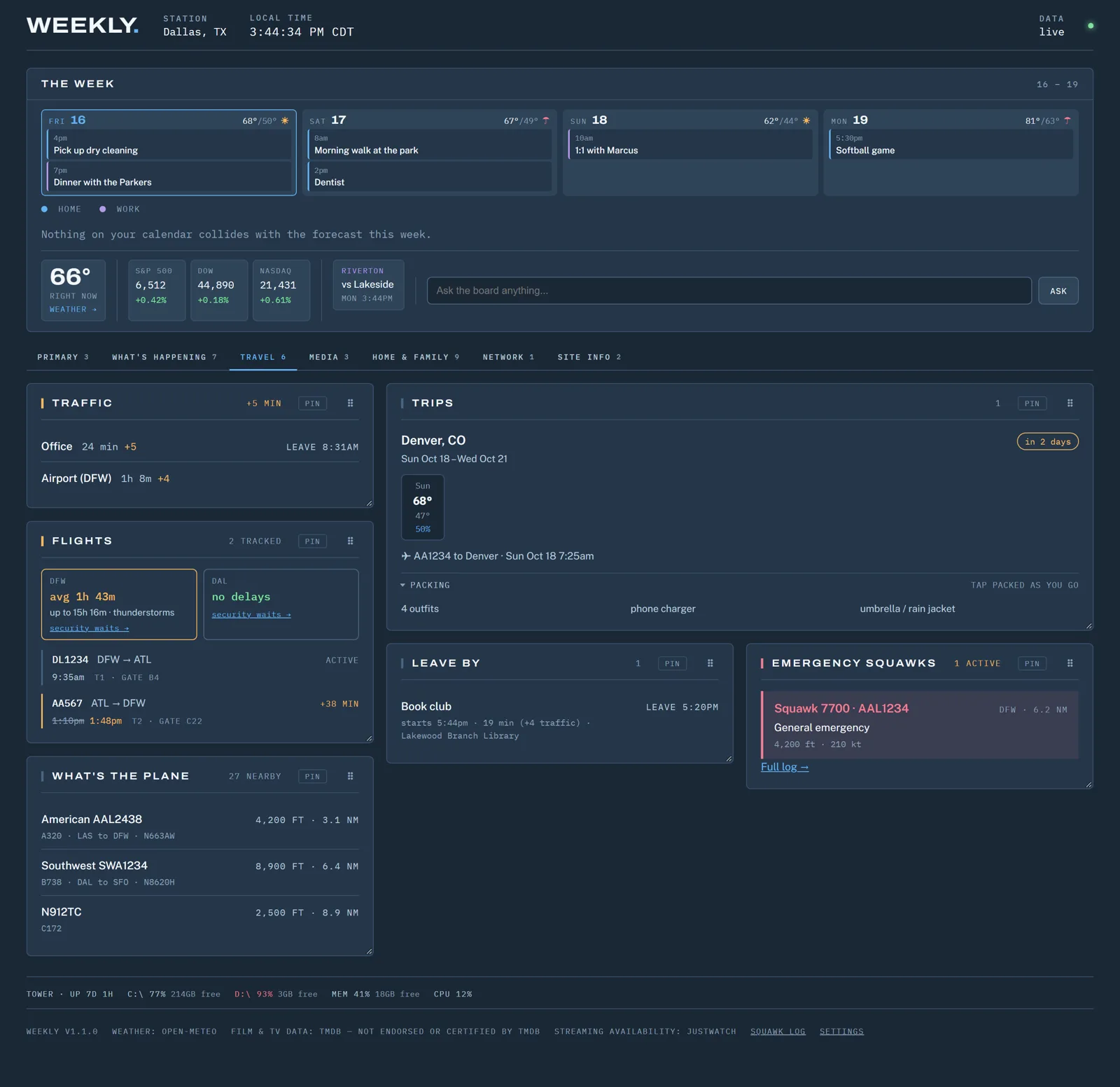 Weekly travel screen with demo data