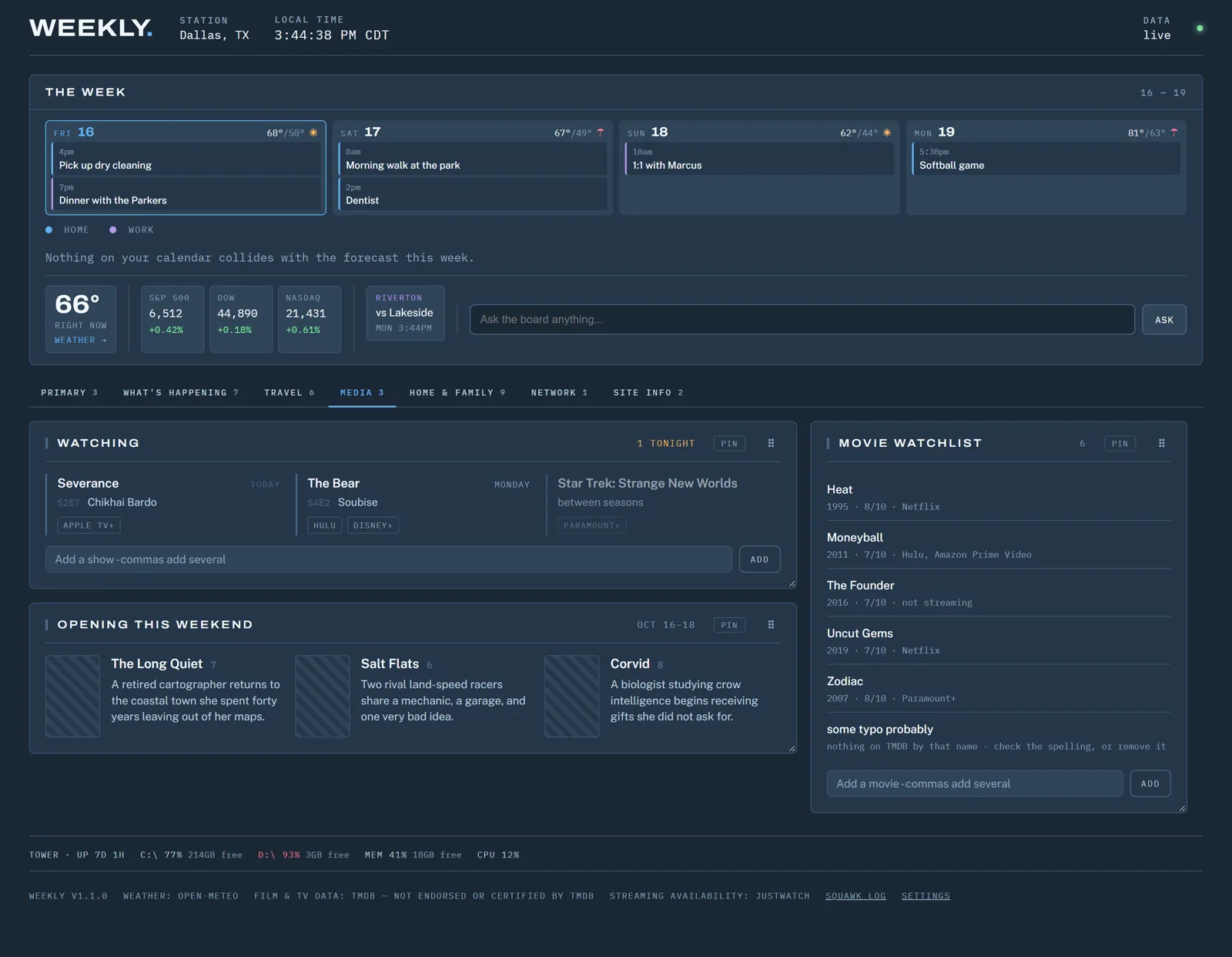 Weekly media screen with demo data