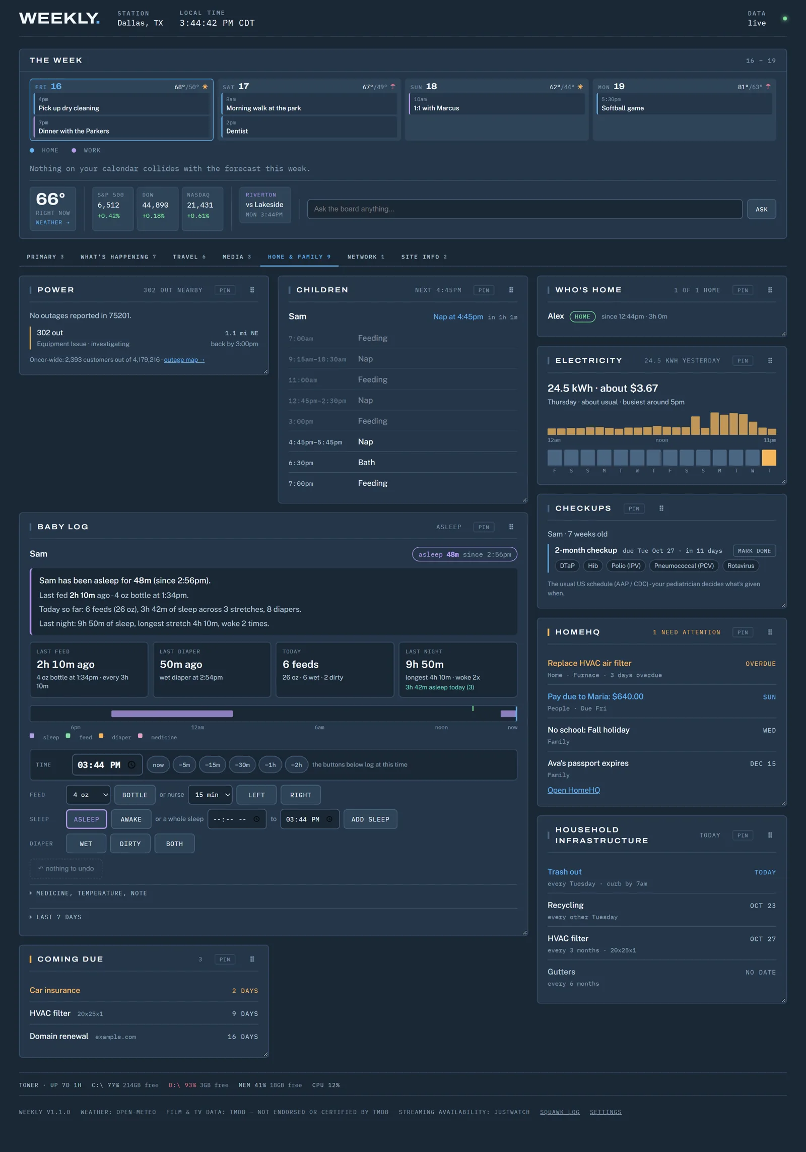 Weekly home & family screen with demo data
