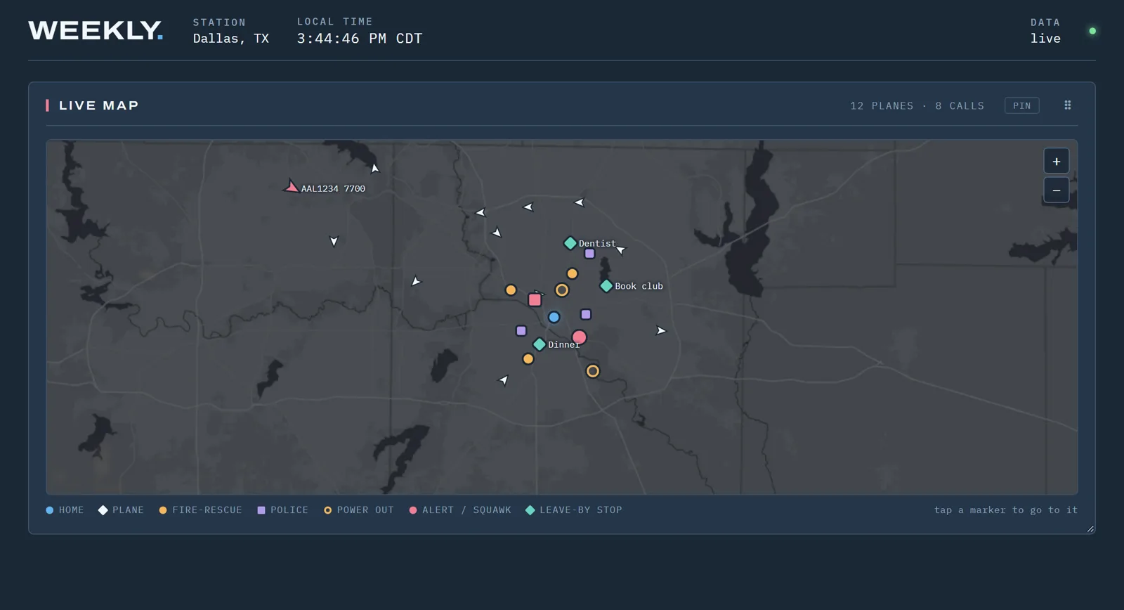Weekly live map screen with demo data