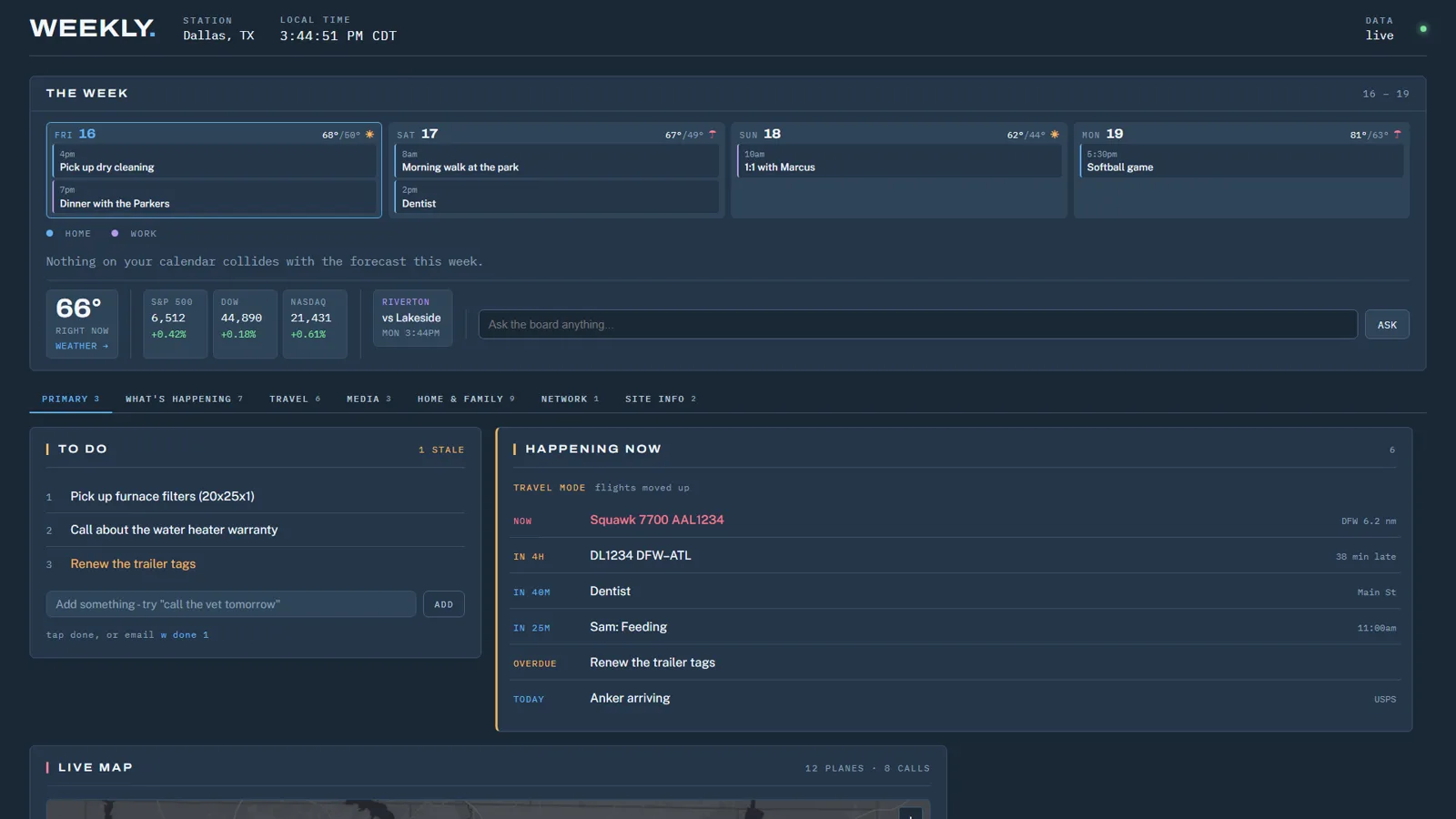 Weekly full-screen view screen with demo data